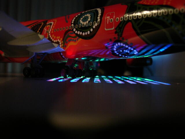 Qantas Wunala Dreaming B744 Tricool led effects belly closeup