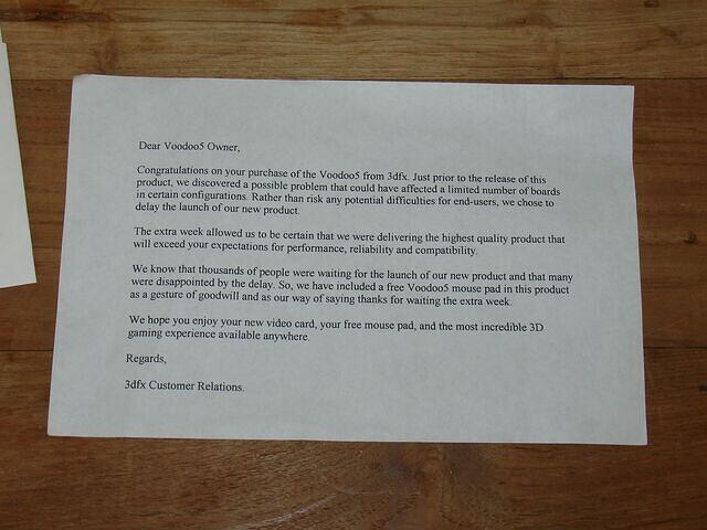 3dfx Customer relations note